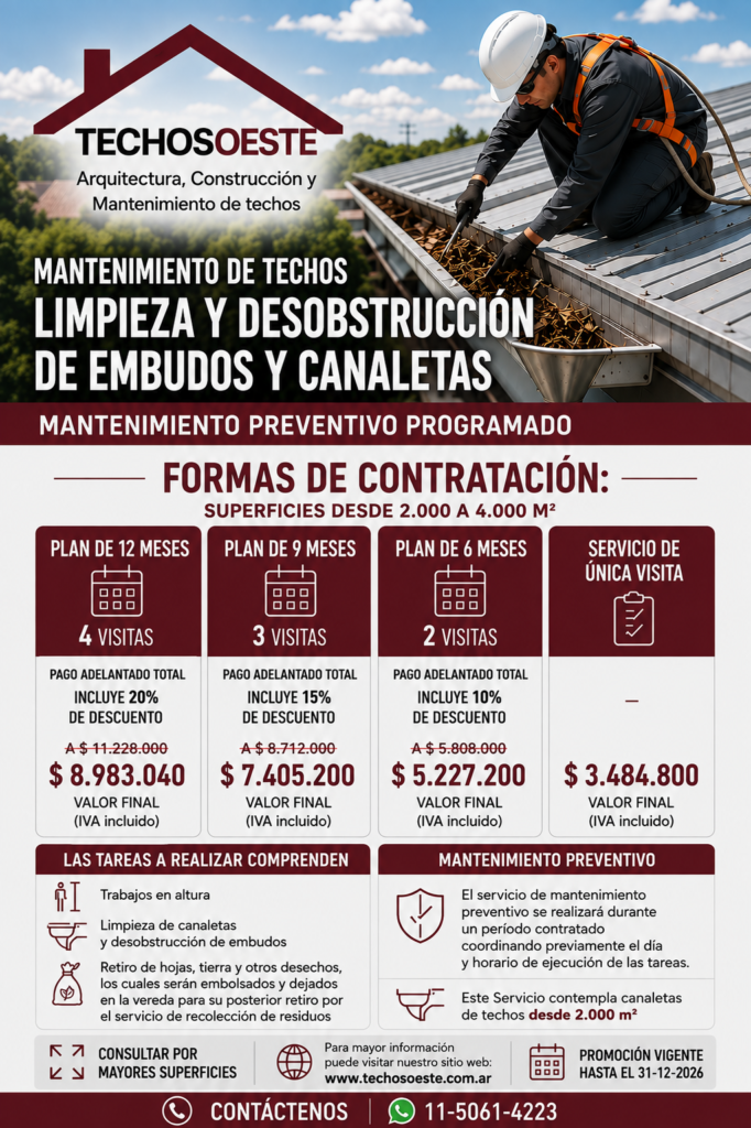 Mantenimiento de canaletas y embudos en techos oeste SUPERFICIES DE 2000 M2 A 4000 M2 PREVENTIVOS EN TECHOS El servicio de mantenimiento preventivo se realizará durante un período contratado coordinando previamente el día y horario de ejecución de las tareas