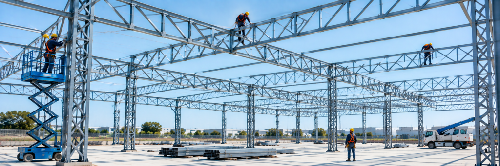 Construcción industrial de techos con estructuras reticuladas
